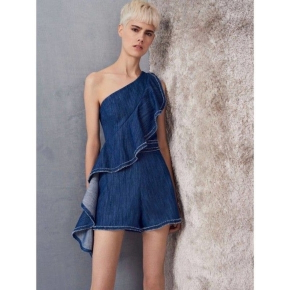 Alexis Blakely Romper Womens Large Chambray Denim Ruffle One Shoulder - Picture 15 of 15